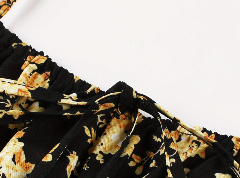 Robe longue dos nu à nouer, motif floral – Noir et bleu, tailles S-XXL