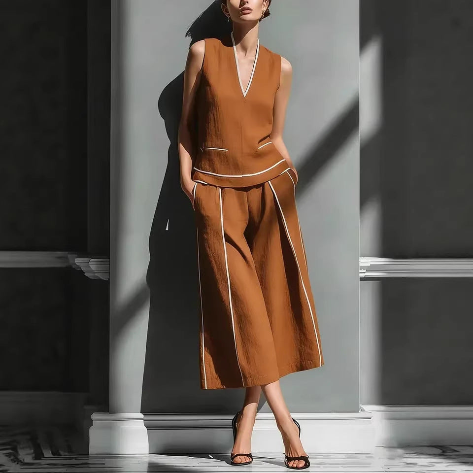 Ensemble chemise sans manches en lin et pantalon court pour femme – Tenue décontractée 2 pièces