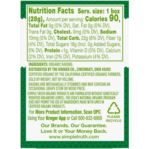 Raisins secs sans pépins bio Simple Truth, paquet de 6 / 28 g
