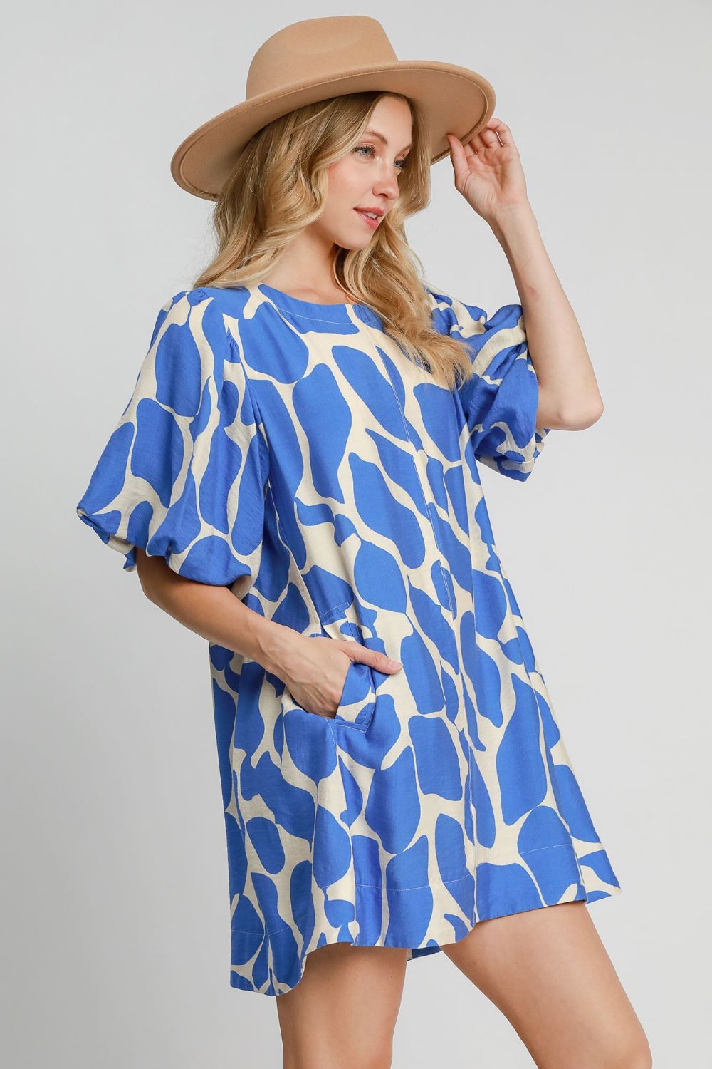 Robe d'été bouffante à imprimé abstrait bicolore bleu Tendance moderne pour femme