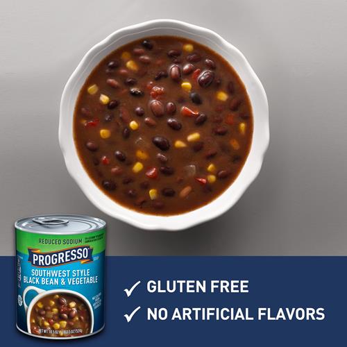 Progresso, Soupe en conserve de haricots noirs et légumes style Sud-Ouest à teneur réduite en sodium, sans gluten, 18,5 oz.