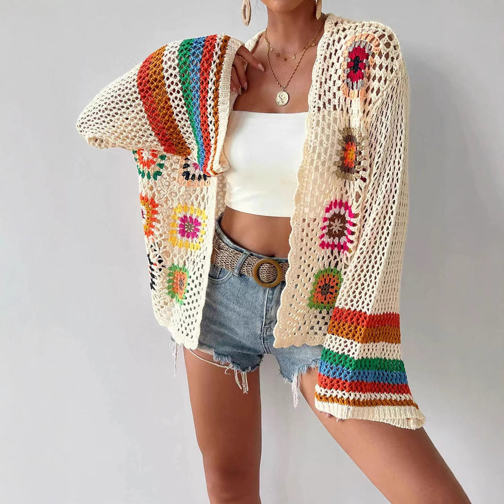 Cardigan en maille florale fait main au crochet | Haut tricoté bohème ouvert sur le devant