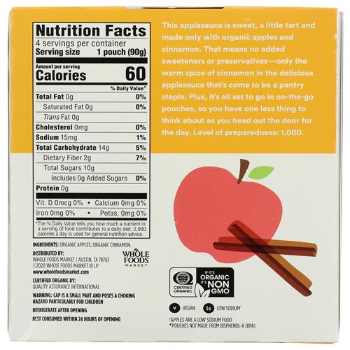 Whole Foods Market, Compotes de Pommes à la Cannelle Bio, Sans Sucre Ajouté, 90 g (Lot de 4)