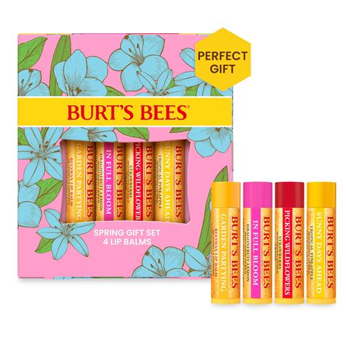 Idées cadeaux Burts Bees - Coffret de baumes à lèvres In Full Bloom, cire d'abeille originale, fruit du dragon et citron, ananas tropical et fraise, soin des lèvres d'origine naturelle, 4 tubes, 4,25 g.