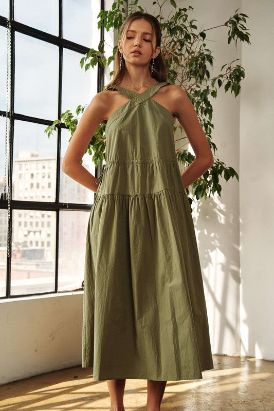 Nouvelle robe midi d'été à bretelles croisées et cordon de serrage pour femme – Chic, sophistiquée, ajustable, robe parfaite pour les occasions décontractées à semi-formelles