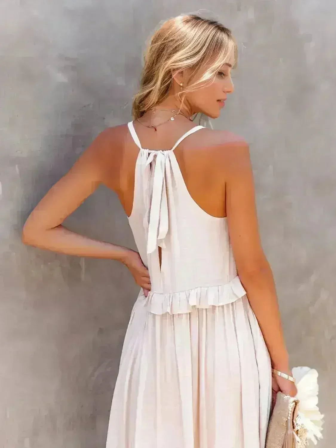 Robe longue étagée sans manches à volants avec poches