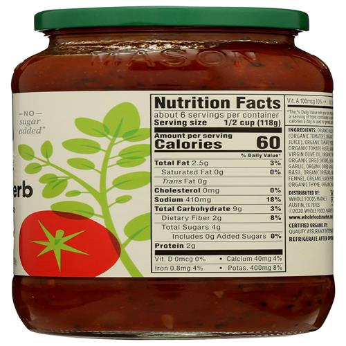 Whole Foods Market, Sauce Pâtes Bio aux Herbes Italiennes, 708 g