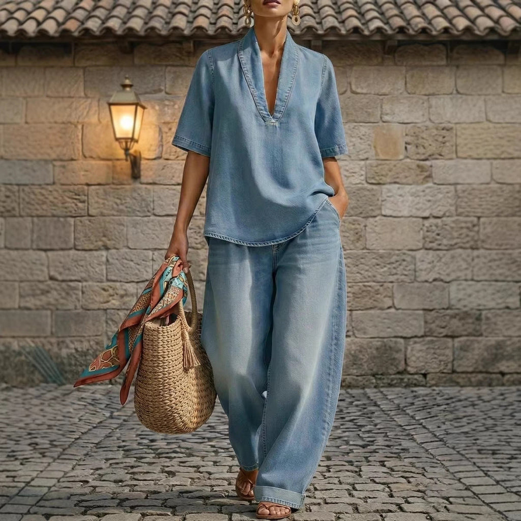Ensemble haut col en V et pantalon large en jean délavé style rétro – 3 coloris, du S au 3XL