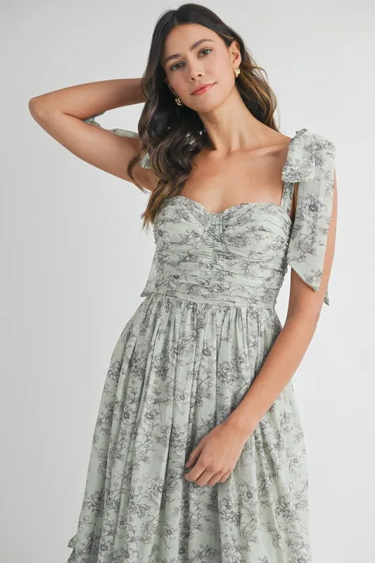 Robe midi froncée à imprimé floral et bretelles à nouer pour femme – Robe midi froncée pour l'été, Robe à imprimé floral, Robe à bretelles à nouer, Robe midi féminine, Robe chic pour événements