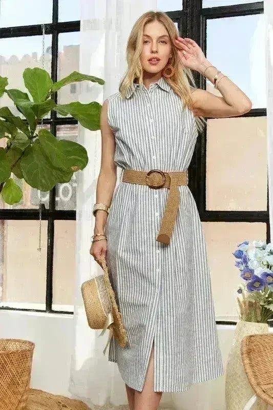 Robe boutonnée ADORA à rayures – Coton midi sans manches