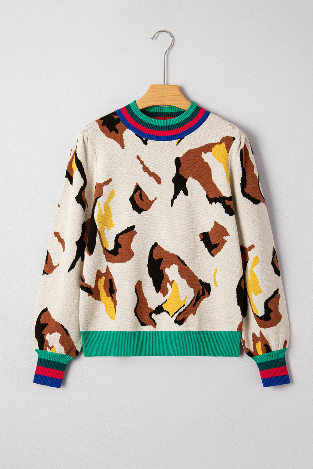 Pull en maille à rayures côtelées contrastantes motif animal abricot