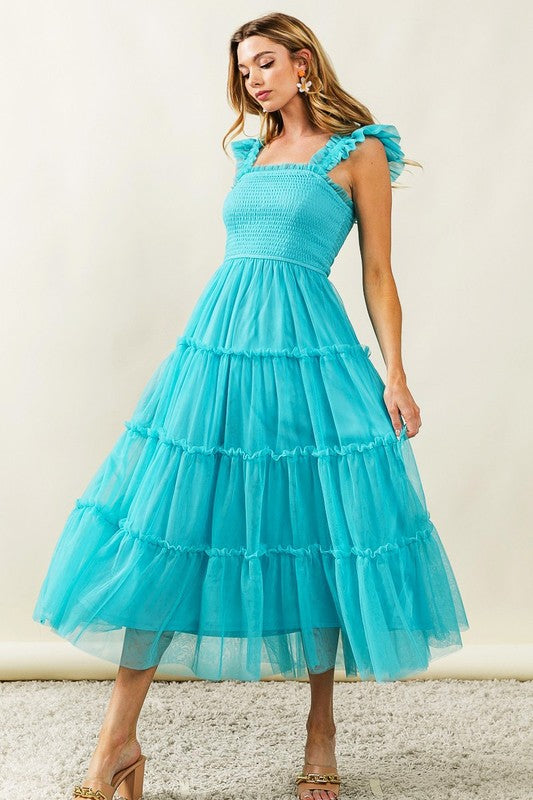 Robe midi étagée en tulle à volants pour femme – Design à volants aérien, élégant et romantique avec détails en tulle pour une silhouette féminine