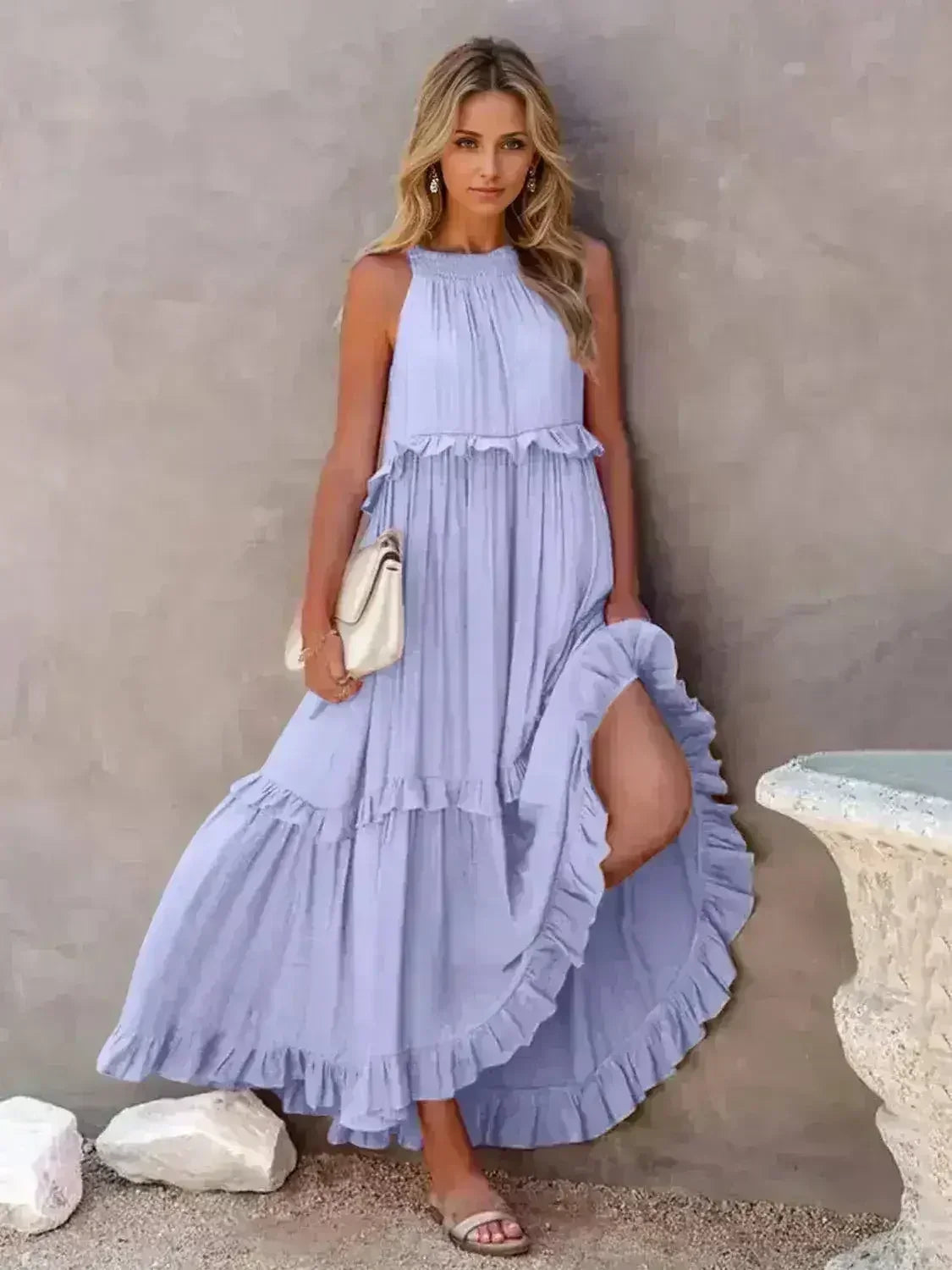 Robe longue étagée sans manches à volants avec poches