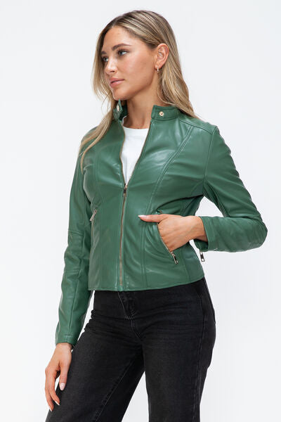Veste à capuche en similicuir zippée avec cordon de serrage pour femme, élégante et décontractée, en cuir PU pour le streetwear