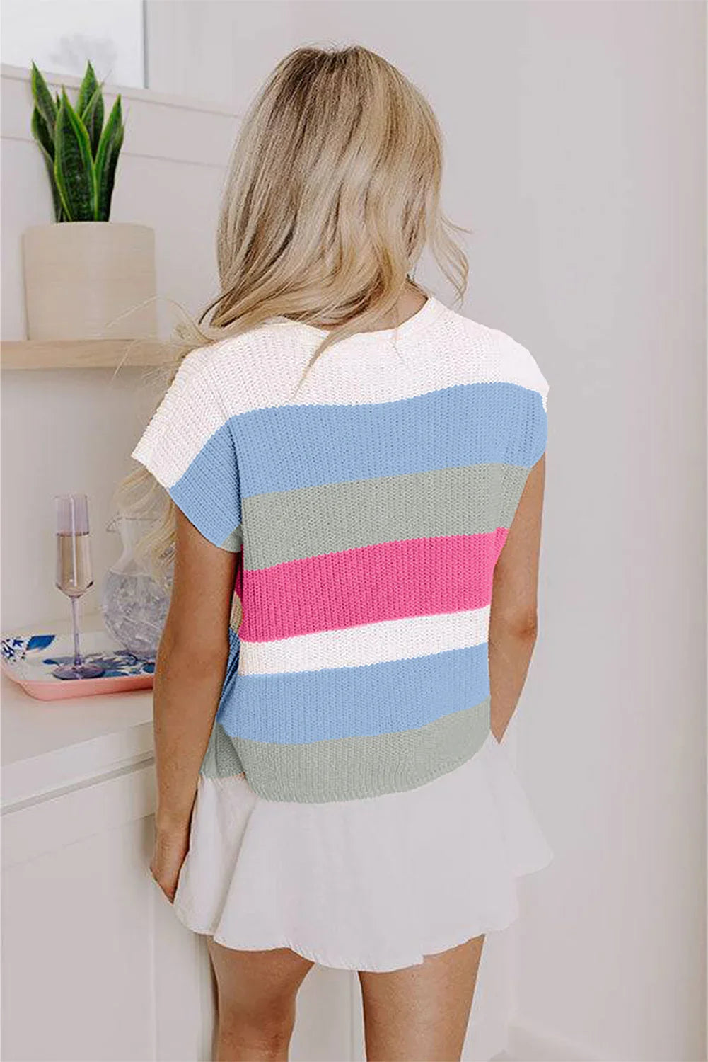 T-shirt en tricot color block multicolore à col en V entaillé