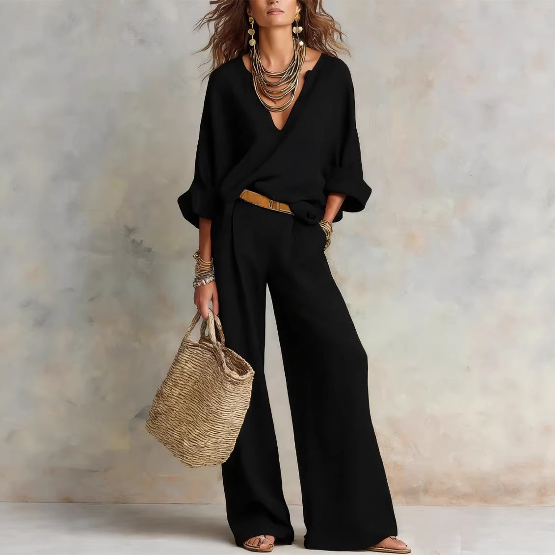 Ensemble décontracté en lin pour femme – Haut à manches trois quarts et pantalon long