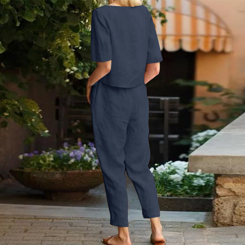 Ensemble deux pièces pantalon large – Tenue de détente décontractée unie