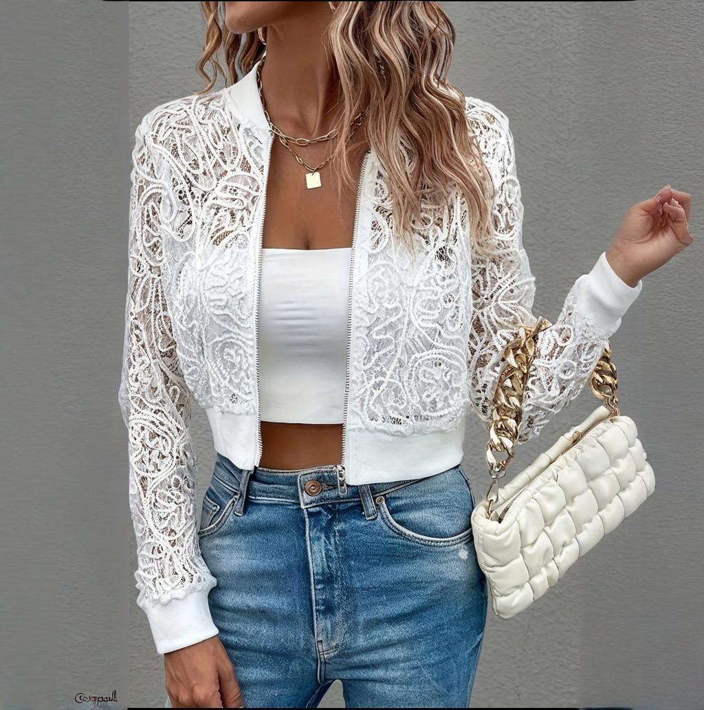 Veste élégante à manches longues en dentelle zippée pour femme, haut printemps automne