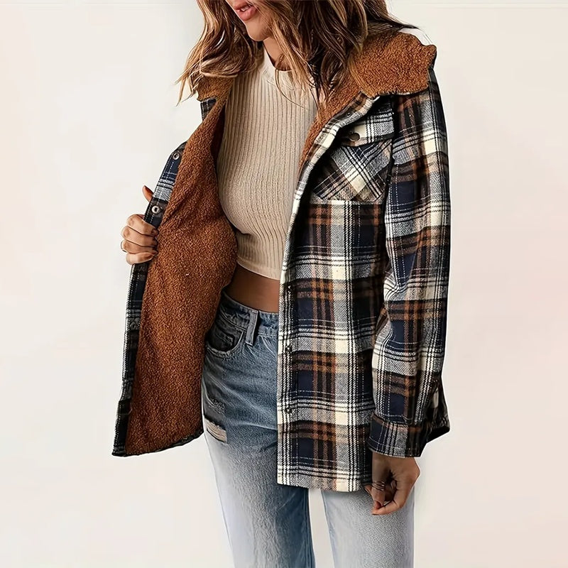 Veste boutonnée à manches longues à carreaux pour femme