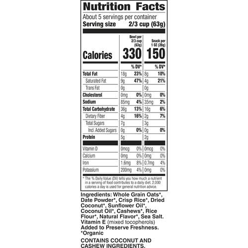 Cascadian Farm Granola biologique sans sucres ajoutés, céréales noix de cajou et noix de coco, sachet refermable, 311 g.