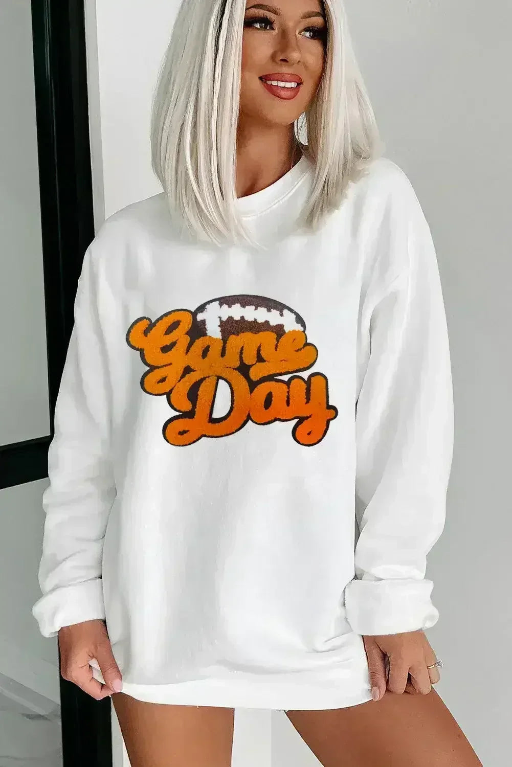 Sweat-shirt pull en chenille blanche à motif rugby et football pour les jours de match