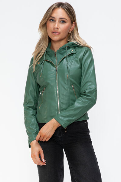 Veste à capuche en similicuir zippée avec cordon de serrage pour femme, élégante et décontractée, en cuir PU pour le streetwear