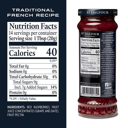 Confiture de framboises St. Dalfour - 283 g - 100% fruits, sans ingrédients artificiels, sans OGM, sans sucre de canne, entièrement naturelle, fabriquée en France