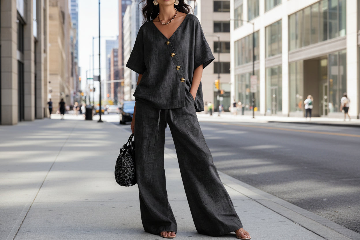 Ensemble décontracté pour femme : Haut en coton et lin à col en V et pantalon large.