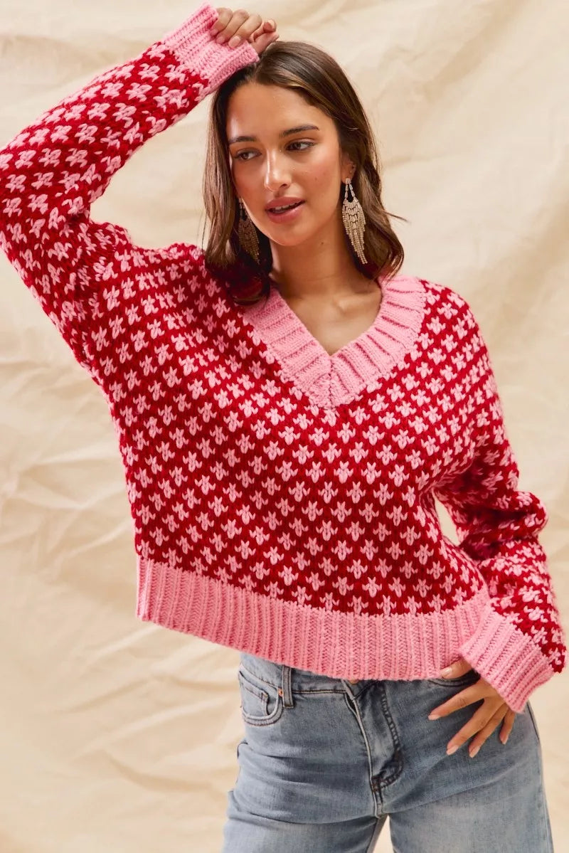 SO ME Pull de Noël texturé à blocs de couleurs avec décolleté en V