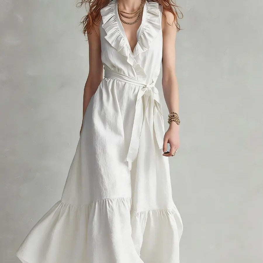 Robe longue sans manches évasée à col en V et laçage empiècements – Femme