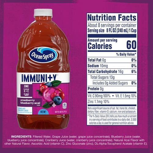 Boisson au jus aromatisée canneberge, bleuet et açaï Ocean Spray Immunité, boisson de soutien immunitaire avec antioxydants, vitamines C et E et zinc, bouteille de 1,77 L