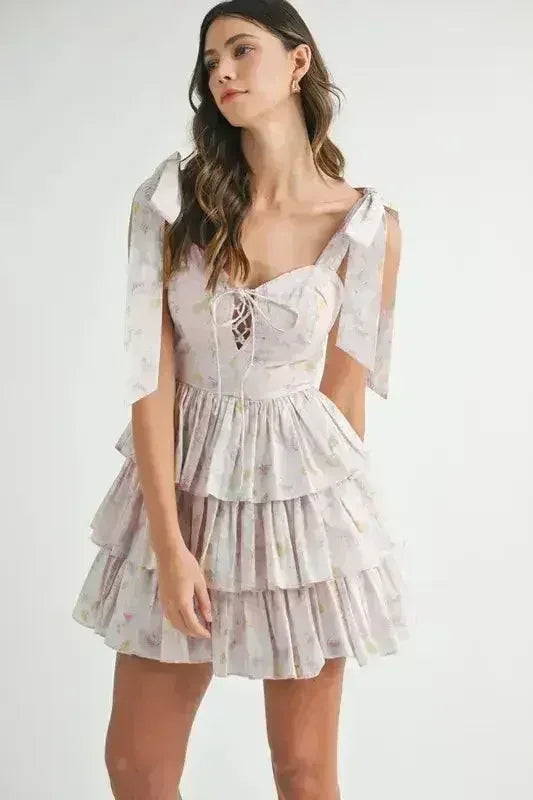 Mini-robe étagée à imprimé floral MABLE avec bretelles à nouer aux épaules