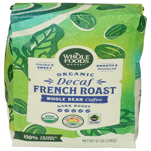 Whole Foods Market, Café décaféiné bio torréfaction française, en grains entiers, fumé et sucré, 340 grammes