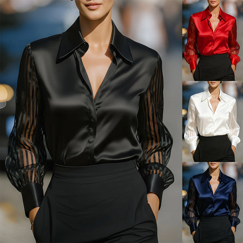 Chemisier femme en satin à col à revers – Chemise transparente à manches longues boutonnée pour le bureau et la mi-saison