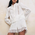 Manteau Femme Évidé Patchwork à Pompom – Veste à Col Revers Boutonnée à Manches Longues