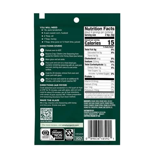 Assaisonnement pour plaque de cuisson Simply Organic, Coriandre Citron vert, 20 g (Lot de 12)