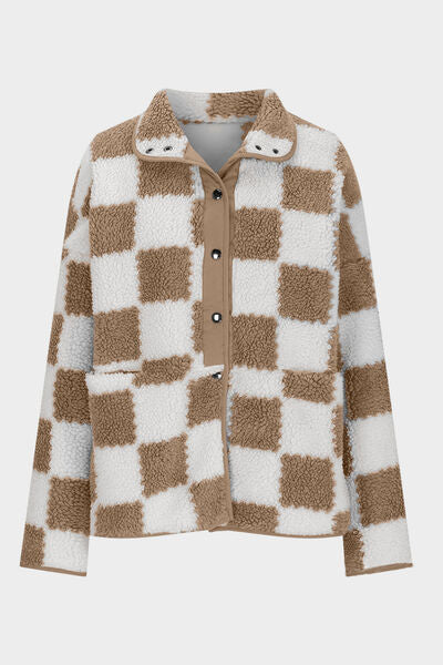 Elegant Checkered Snap Down Long Sleeve Teddy Jacket Soft & Warm Colorful Jacket