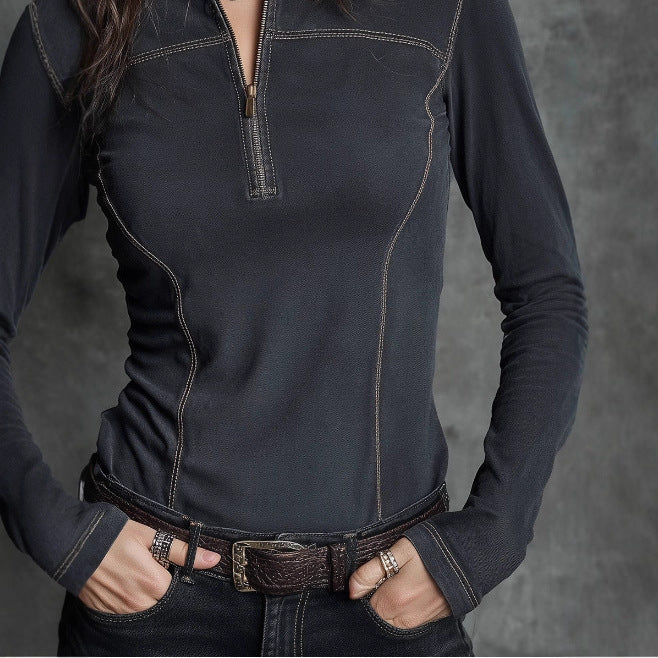 Haut pull pour femme col montant rétro avec demi-fermeture éclair