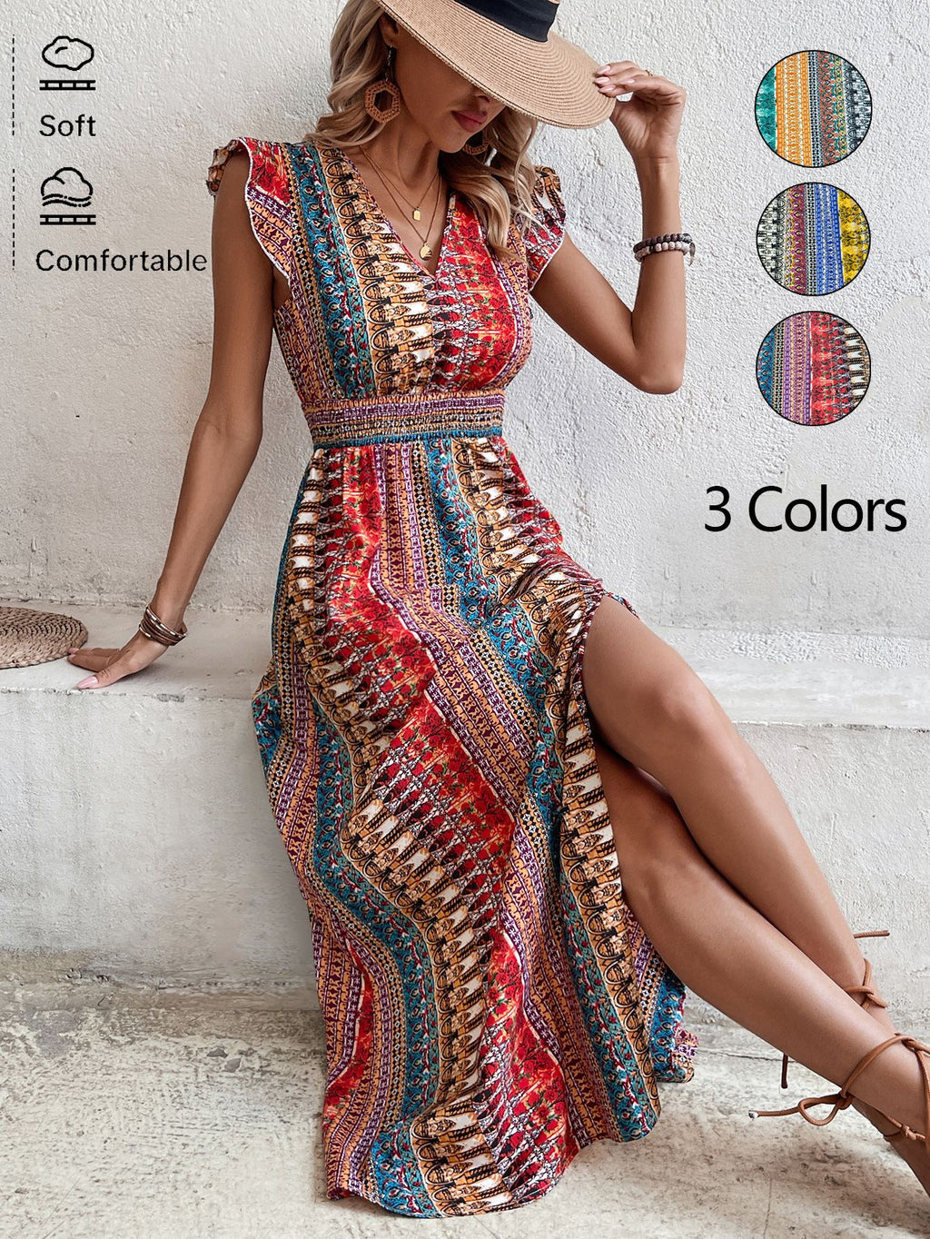 Robe longue évasée à imprimé géométrique bohème et manches bouffantes pour femmes – 3 couleurs du S au XL