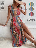Robe longue évasée à imprimé géométrique bohème et manches bouffantes pour femmes – 3 couleurs du S au XL