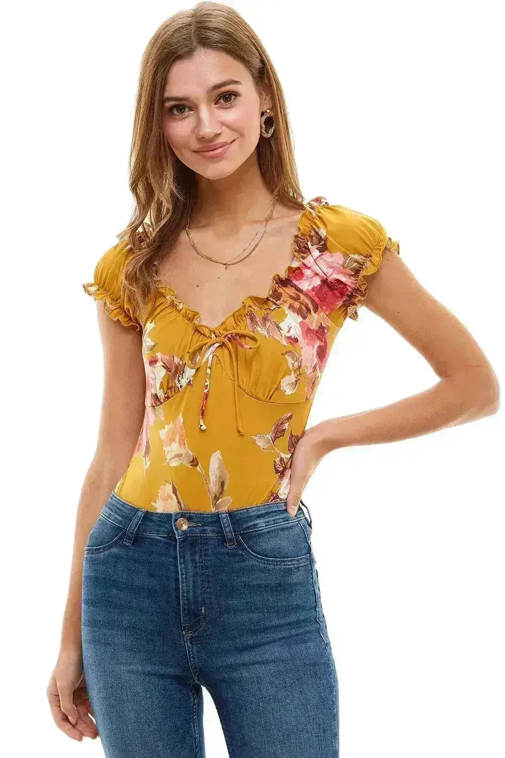 Body imprimé floral à manches bouffantes paysannes USA - Femstylo