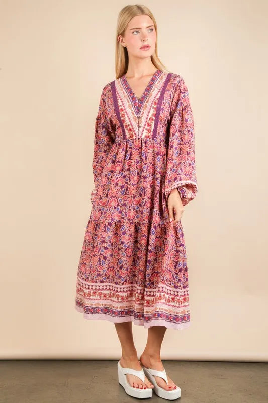 Robe d'été bohème à col en V, manches ballon et imprimé fleuri – Robe bohème à col en V, Robe à manches ballon, Robe à imprimé fleuri, Robe bohème féminine, Robe d'été chic
