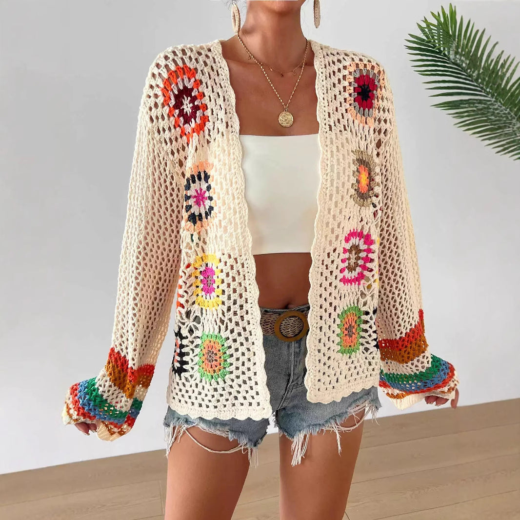 Cardigan en maille florale fait main au crochet | Haut tricoté bohème ouvert sur le devant