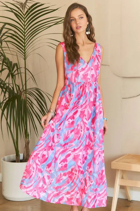 Nouvelle Robe Longue Fleurie Abstraite Col V d'Été – Imprimé Artistique, Silhouette Flatteuse, Glamour Sophistiqué