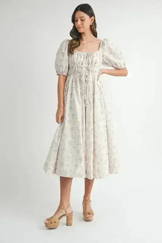 Robe midi MABLE à manches bouffantes avec cordon de serrage et motif floral