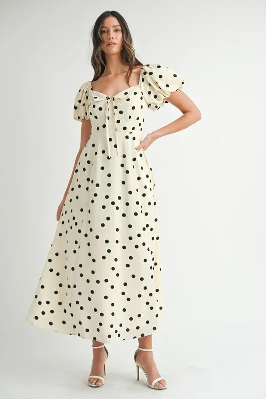 Robe mi-longue à pois et manches bouffantes pour femmes – Robe vintage à pois et volants, Robe féminine à manches bouffantes, Robe mi-longue rétro, Robe chic classique
