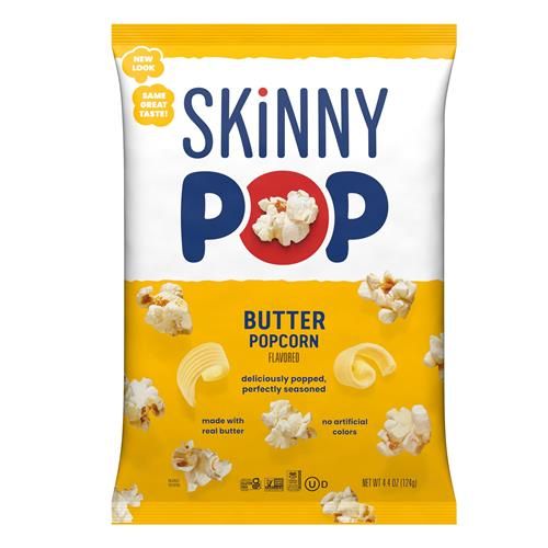 Popcorn Skinnypop saveur beurre, sans gluten, sans OGM, collations popcorn saines, Skinny Pop, sachet format épicerie de 125g
