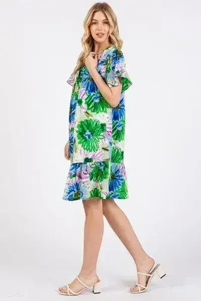 Robe Courte Fleurie à Volants et Manches Courtes pour Femme