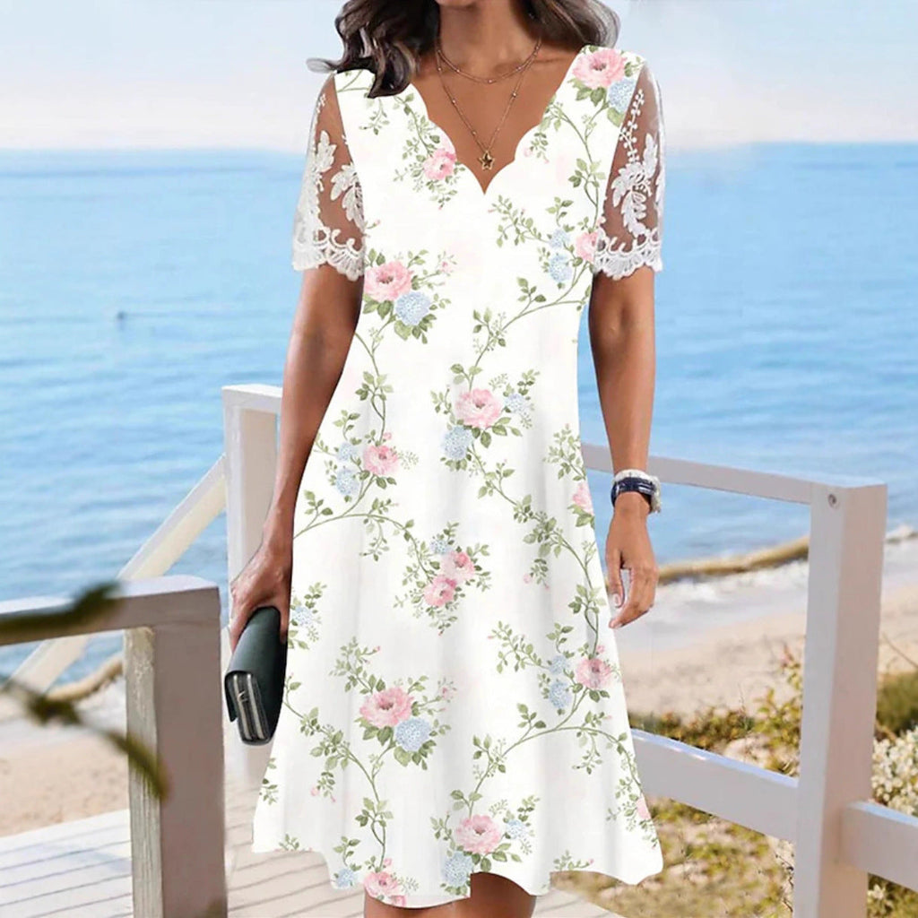 Robe midi évasée à taille haute, en dentelle florale et encolure à volants pour femme