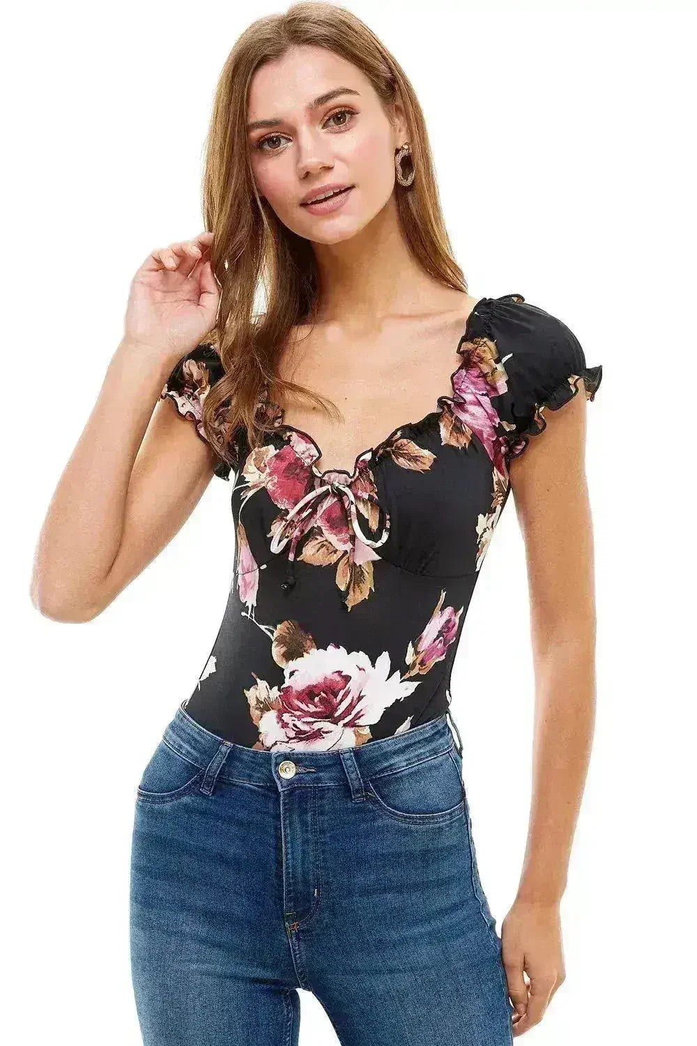Body imprimé floral à manches bouffantes paysannes USA - Femstylo